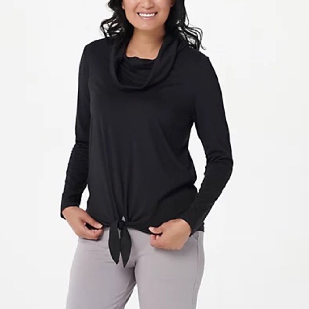 AnyBody Cozy Knit Jersey Cowl Neck Tie Front Top